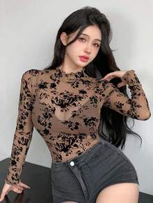 Joudiya 夏季黑色植絨網紗棕色蕾絲上衣，修身優雅透視荷葉邊飾上衣，適合婚禮、宴會、派對、通勤，女款長袖 - 棕色 - 查看 3