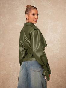 Lumalex Chaqueta casual de manga larga raglán de cuero PU de unicolor para mujer - Verde Oliva - Ver 2