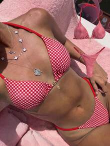 Elavelle Springbreak 女款格紋印花金屬裝飾細肩帶性感比基尼泳衣套裝，夏季穿搭 - 彩色 - 查看 1