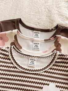 SHEIN Vintaside Kids Babygirl 嬰兒女童多件套裝 春秋款圓領長袖簡約休閒數位印花上衣搭配百搭休閒長褲套裝，適合日常穿著、公園散步、外出、露營、野餐、居家休閒 - 彩色 - 查看 8