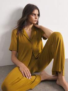 Ocili Women's Solid Color Short Sleeve Single-Breasted Top And Pants Casual Loungewear Set - Mustard Yellow - View 7