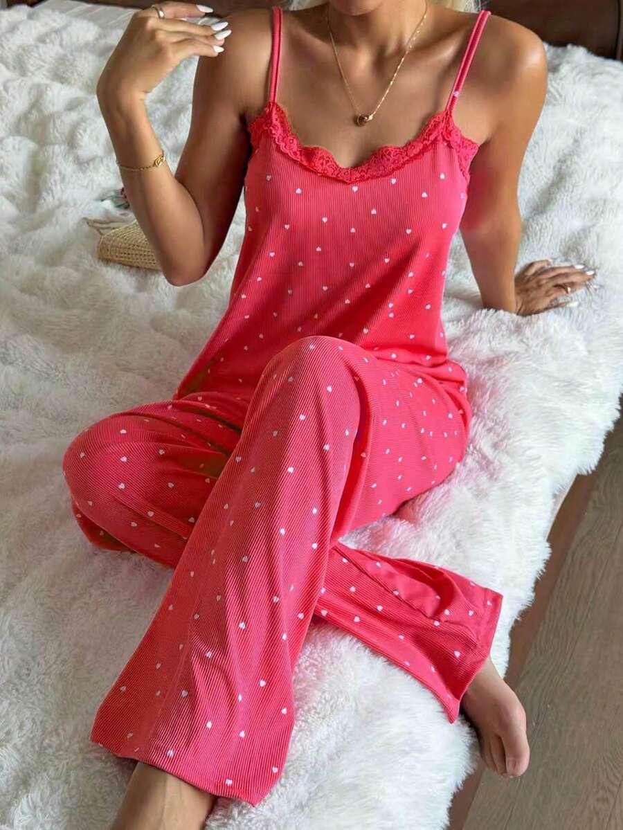 CottageSlumber Women's All-Season Knitted Ribbed Black Heart Print Sexy Camisole Pajama Set, Suitable For Outdoor Wear - Pink - View 1