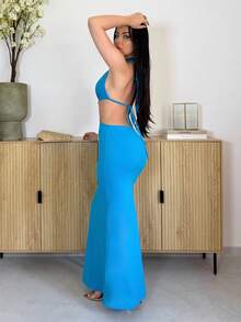 Vassilux Women's Sexy Beach Vacation Deep V Metal Shell Buckle Decor Halter Backless Fitted Long Dress, Blue,Summer Dress,Vacation Dress Elegant - Teal Blue - View 3
