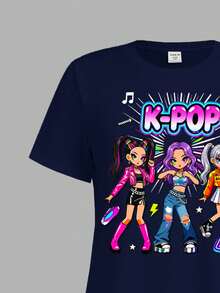 Tween女孩休閒極簡K-Pop卡通女孩海軍藍K-Pop卡通女團短袖中長洋裝，適合夏季 - 彩色 - 查看 4