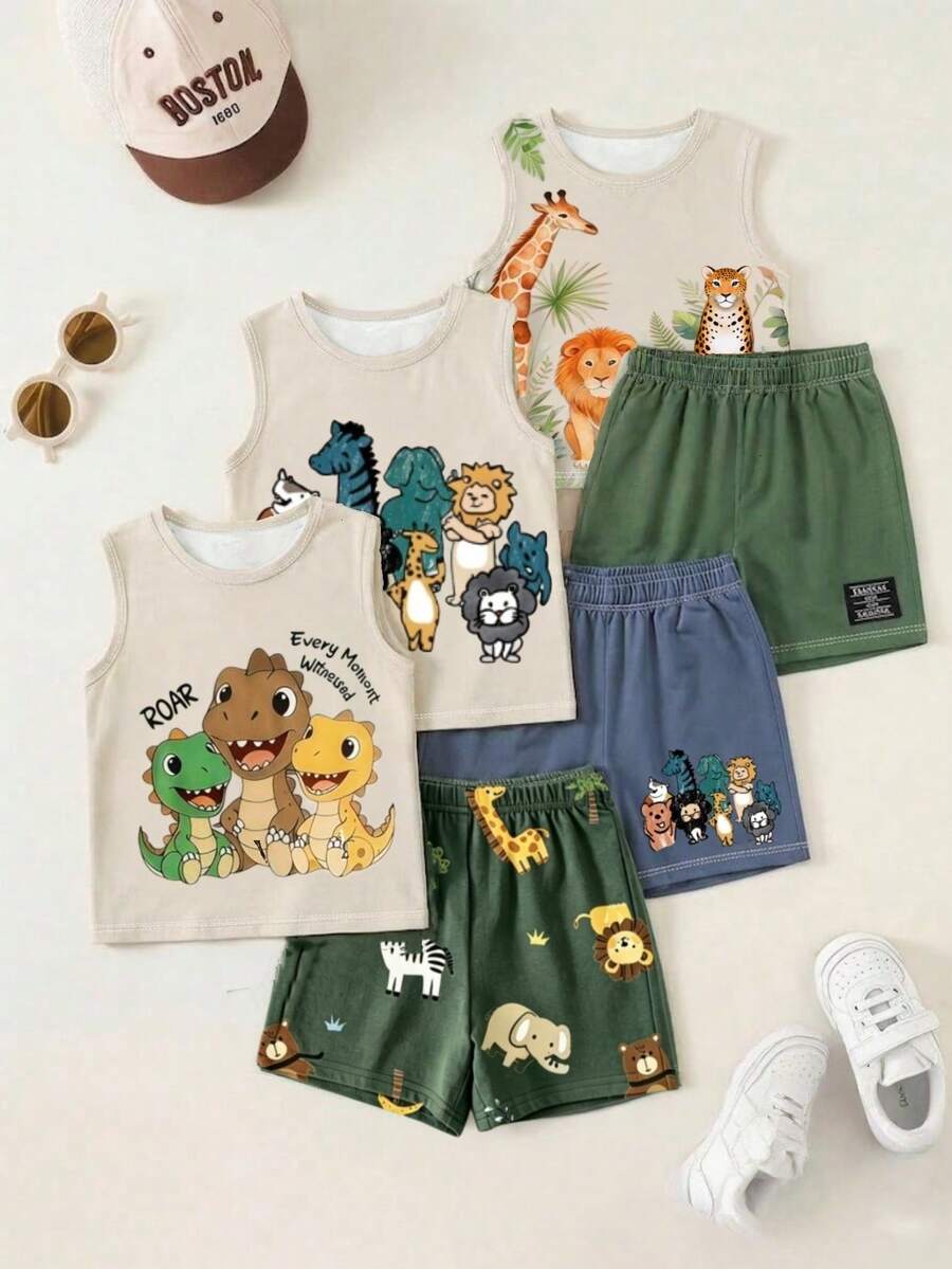 SHEIN 3件組小男孩新款時尚舒適趣味卡通動物印花運動背心,春夏風格,適合日常穿著,返校季 - 彩色 - 查看 1