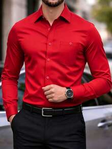 Manfinity Bizformal 男士正裝襯衫 素色長袖彈性免燙正式襯衫 商務休閒鈕扣式 紅色夏季酒紅設計 儀式用 - 紅色 - 查看 3