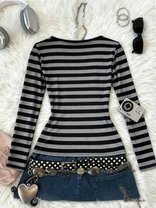 INAWLY Atasan Wanita Modis dengan Motif Garis dan Huruf, Musim Gugur - Hitam - View 2