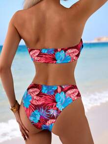 Swim Lushoire 女款 2 件式花卉印花抹胸比基尼泳衣套裝，度假適用 - 酒紅色 - 查看 2
