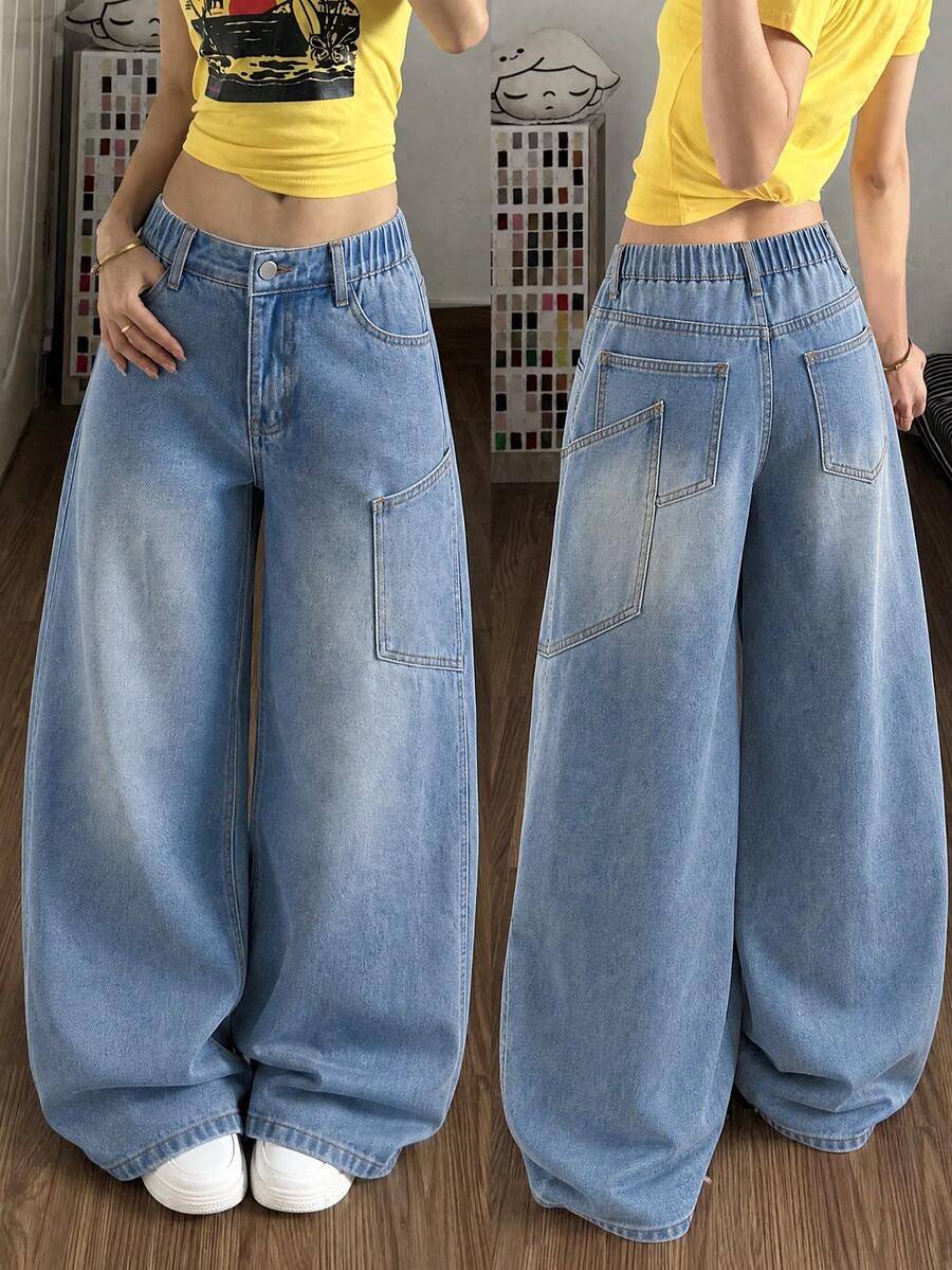SHEIN 青少年女孩亞文化復古可愛俏皮Y2K風格特殊後口袋設計藍色水洗寬腿牛仔褲，時尚街頭風休閒百搭單品，女孩夏季度假與四季必備時尚單品