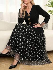 Amorya Women's Metal 3D Floral Decor Long Sleeve Top & Skirt Elegant 2 Pieces Set - Black - View 3
