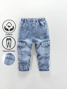 Genkimix Kids Young Boys Casual Sports Cargo Style Denim Jeans 1pc Medium Blue Washed Denim Double Side Large Pockets Elastic Waist Straight Leg Tapered Loose - Light Wash - View 4
