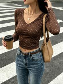 Aidyla Women's Casual French Brown And White Polka Dot Print V-Neck Long Sleeve Slim Fit Cropped T-Shirt, Comfortable Autumn Clothing, Everyday Date Night - Multicolor - View 1