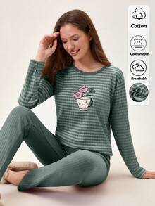 Loomlin Women 2 Pcs Rib Knit Cute Cartoon Embroidery Detail Homewear Comfort Pajama Set - Multicolor - View 4