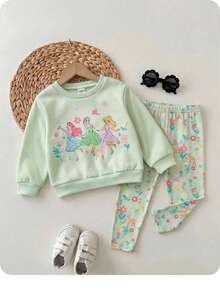 SHEIN Baby Mädchen süßes lässiges gestricktes grünes Cartoon-Muster Langarm Sweatshirt und elastische Taille lange Hose Set - Grün - Übersicht 2