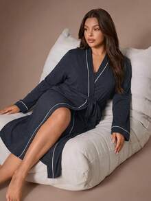 Lazeform Plus Size Casual Long Sleeve Tie Waist Long Robe - Navy Blue - View 1