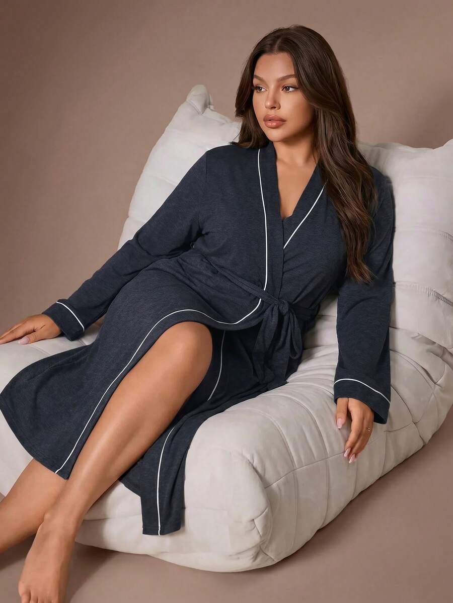 Lazeform Plus Size Casual Long Sleeve Tie Waist Long Robe - Navy Blue - View 1