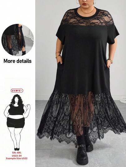 SHEIN CURVE+ Plus Size Women's White Lace Midi Dress, Elegant Short Sleeve Summer Dress