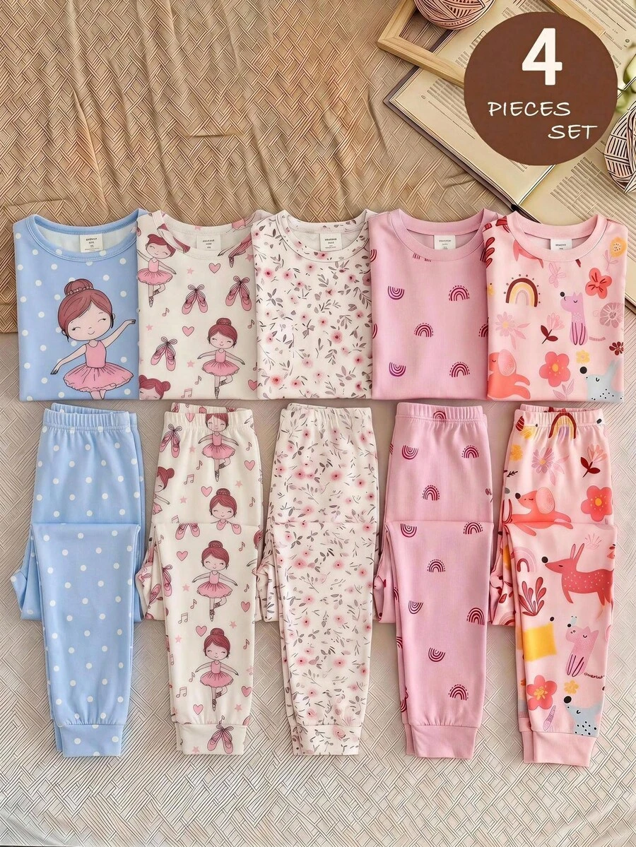 SHEIN LMoss Kids 女童針織可愛女孩圖案圓領T恤+長褲修身居家服4件套,磨毛加厚面料,適合秋冬 - 彩色 - 查看 1