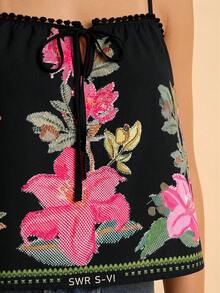 CAJUNI 波希米亞鄉村風波西米亞花卉印花度假休閒繫帶荷葉邊女款吊帶背心上衣 黑色花卉 夏季 - 黑色 - 查看 7