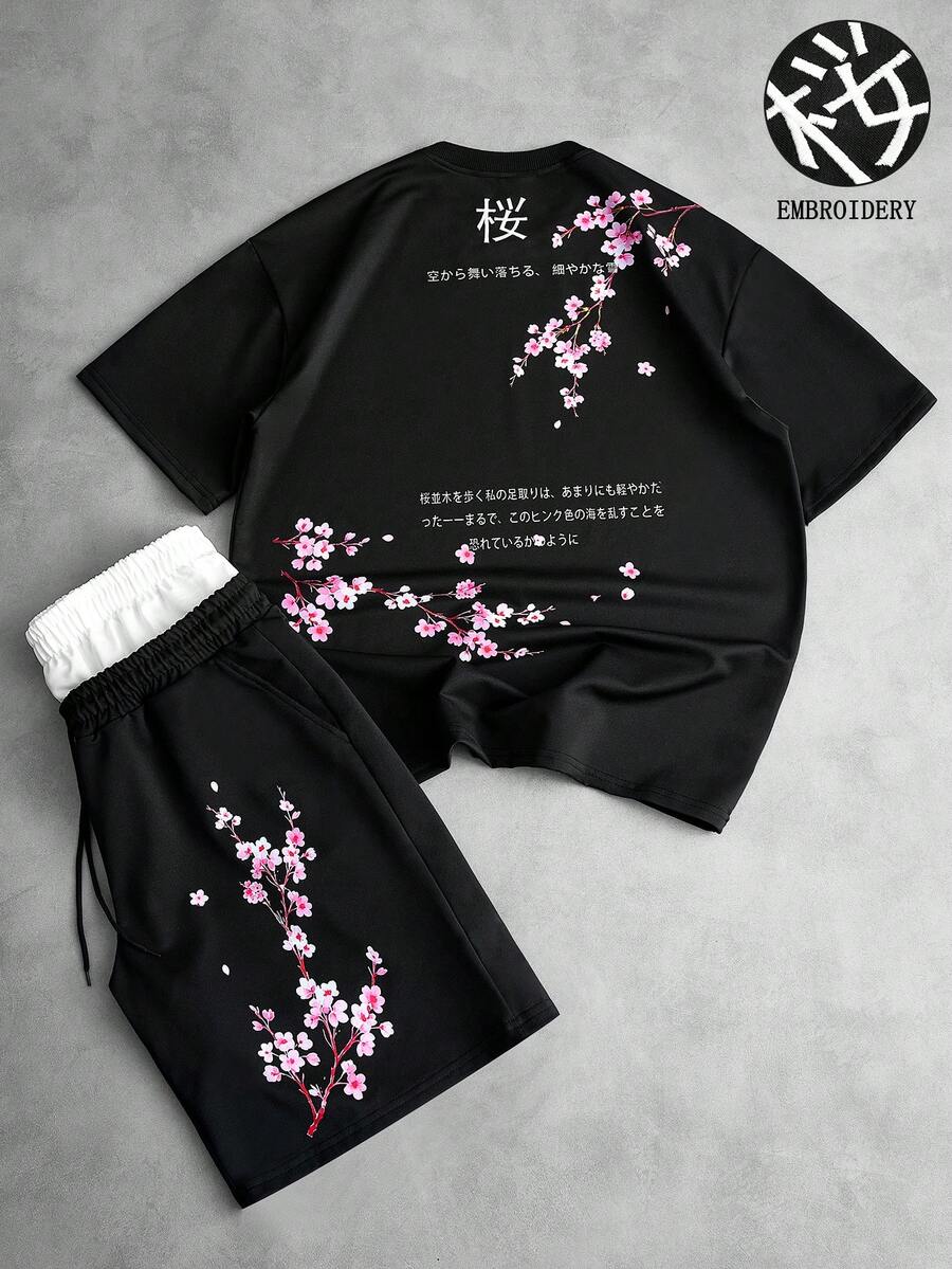 PAVTROS 春季休閒櫻花印花男士T恤短褲套裝 - 黑與白 - 查看 1