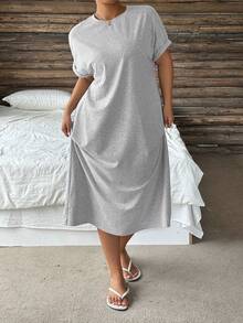 Dazy Plus Solid Color Casual Crew Neck Loose Short Sleeve Knit Maxi Dress Plus Size Women Spring Summer - Grey - View 6