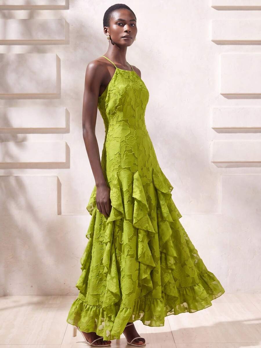 Aveloria Modichic French Elegant Elegant Vacation Date Chiffon Spaghetti Strap Round Neck Cinched Waist Vertical Split Design Patchwork Ruffle Hem Slimming Fitted Sleeveless Long Dress For Women - Green - View 1