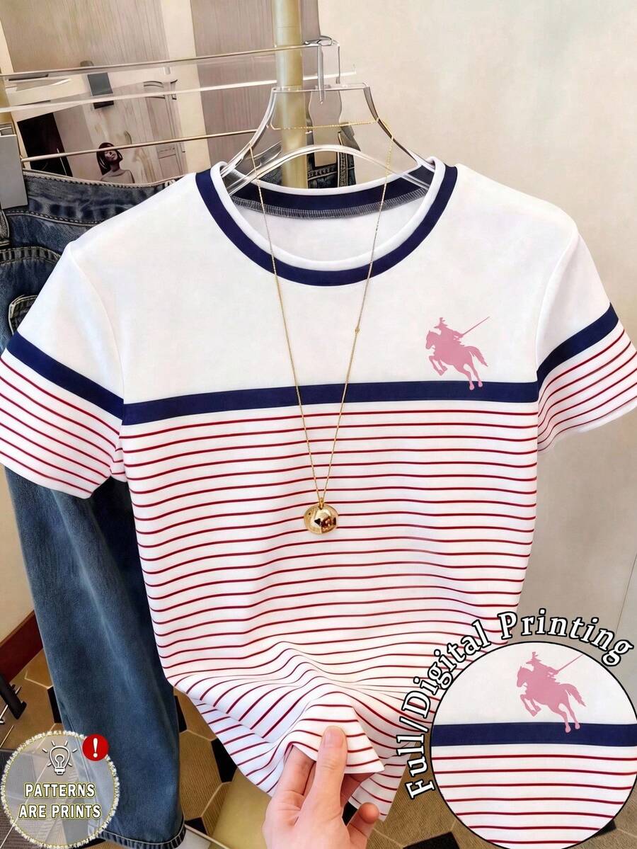 青少年女孩休閒舒適時尚簡約條紋 Polo 領馬術圖案印花 T 恤 條紋拼色上衣 適合春夏秋外出度假校園運動 - 彩色 - 查看 1