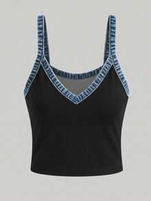 Franclia Women's Patchwork Denim Effect Print Casual Camisole - Multicolor - View 3