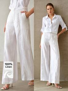 MOTF PREMIUM WOMEN'S SPRING/SUMMER 100% LINEN COMFORTABLE LONG SUIT PANTS - White - View 2