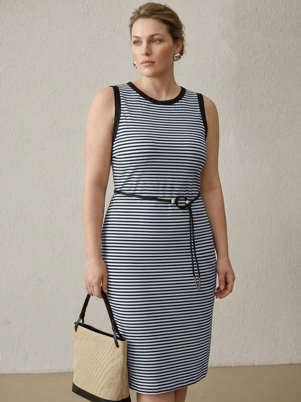 MOTF WOMEN'S PLUS SUMMER CASUAL BLACK WHITE STRIPED COLORBLOCK BLACK HIGH ELASTIC KNIT TANK MIDI DRESS VACATION