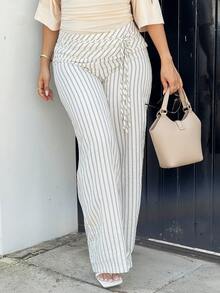 NegzBox Apricot Striped High Waist Double Waist Tie Wide Leg Pants - Multicolor - View 6