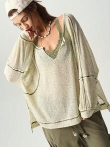 Bohemela 休閒針織素色V領長袖寬鬆女款T恤 - 橄欖綠 - 查看 4