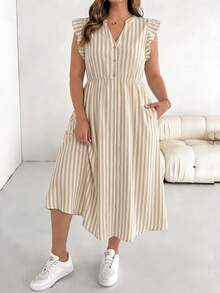 SHEIN Essnce Vestido de talla grande con estampado de rayas y volantes, manga corta, estilo casual de vacaciones, adecuado para el verano - Multicolor - Ver 4