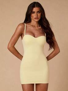 SHEIN BAE 女款春夏日常性感緊身內衣式時尚吊帶連身衣，適合約會、夜店、外出、跨年夜等場合 - 黃色 - 查看 5