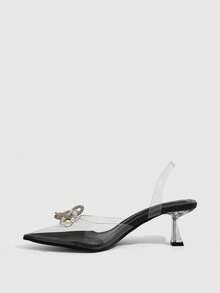 CUCCOO SZL Women Clear Slingback Pumps With Rhinestone And Pearl Embellished Bow Detail Pointed Toe High Heels - Deep coffee PU - View 4