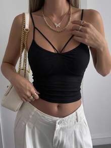 DAZY Women Summer Hollow Out Stretchy Cropped Cami Top Going Out Tops Tank Tops - Black - View 16