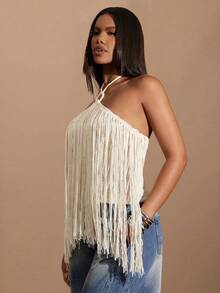 Denimoi Women's Spring/Summer Solid Color Tassel Crochet Sleeveless Knit Top - White - View 4