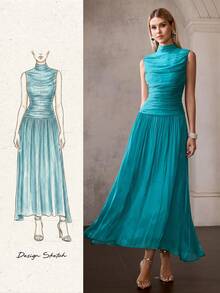 MOTF PREMIUM VESTIDO LARGO ELEGANTE ESTILO FRANCÉS SIN MANGAS CON CUELLO FALSO PLISADO Y CINTURA AJUSTADA PARA MUJER - Verde Niebla - Ver 2