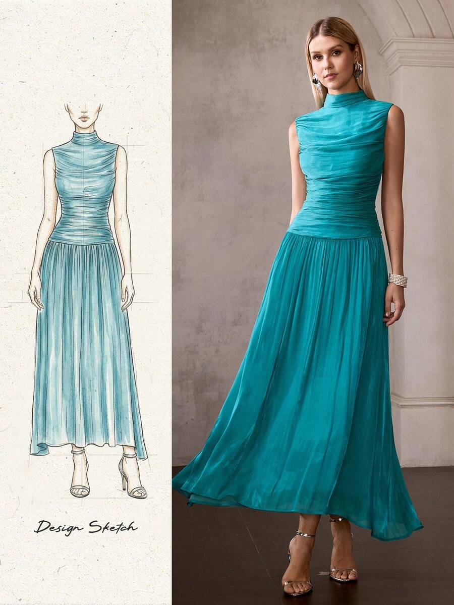 MOTF PREMIUM VESTIDO LARGO ELEGANTE ESTILO FRANCÉS SIN MANGAS CON CUELLO FALSO PLISADO Y CINTURA AJUSTADA PARA MUJER
