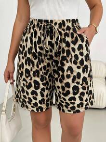 Shapeblank Plus Size Leopard Print Comfortable Casual Shorts With Pockets - Brown - View 6