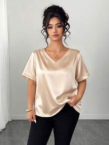 Elenzga 大尺碼女款優雅亮面極簡V領緞面上衣，休閒商務夏季款 - 杏色 - 查看 3
