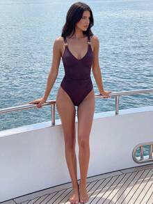 Sunnyshic New Spring/Summer Beach Vacation Casual European Tropical Sexy Elegant Women's One-Piece Swimsuit, Jacquard Fabric, Pearl Decorated Dark Green - Brown - View 4