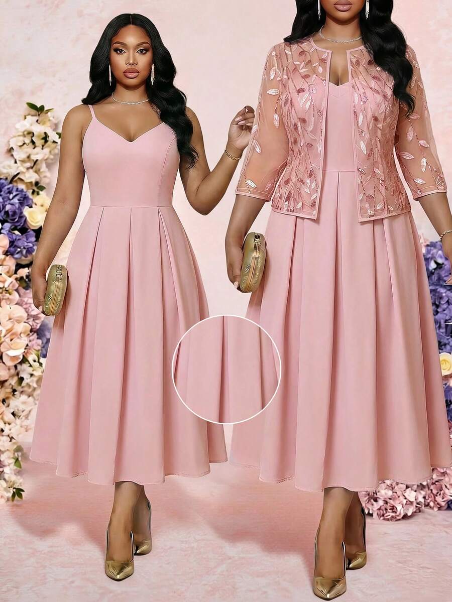 Fleurora Plus Size Women Solid Color Pleated Cami Dress And Floral Embroidery Cardigan Casual Daily 2-Piece Set - Dusty Pink - View 1