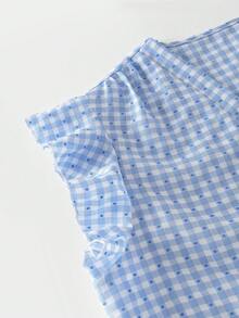 SHEIN Clasi 女款V領格紋休閒百搭夏季襯衫 - 藍白色 - 查看 3