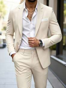 Manfinity Mode Men's Beige Patchwork White Mature Business Suit Blazer And Pants Set, Formal - Beige - View 5