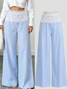 Selianne Fabric Contrast Lace Striped Elegant Chic Conservative Sexy Romantic Casual Minimalist Women's Long Pants Beach Vacation Blue White Striped Autumn - Blue and White - View 5