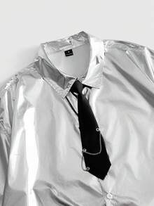 ROMWE MEN Street Life Camicia elegante da uomo in PU argento con monopetto, stile street music festival - Argento - Visualizzare 3