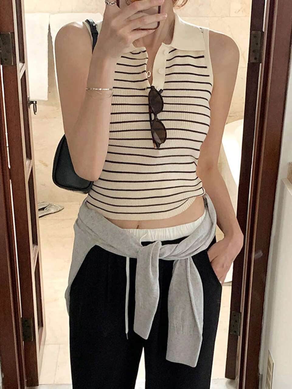 Women's Fashion Button Half-Placket Black And White Striped Contrast Color Knit Top Summer Brunch Casual French