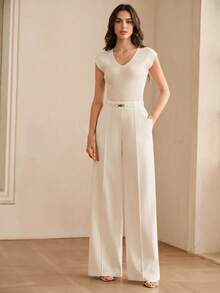 Anewsta Pantaloni da donna bianchi, pantaloni estivi moderni alla moda versatili di colore unito con cintura decorativa, pantaloni lunghi a gamba larga morbidi, pantaloni da completo da donna, abbigliamento da donna per celebrazioni di giugno - Bianco - Visualizzare 6