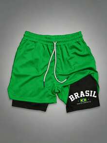 GymBeat Pantalones cortos deportivos de doble capa con cordón en la cintura y estampado de letras para hombre, gimnasio - Negro - Ver 1